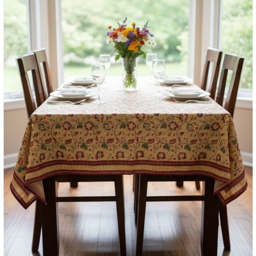 Vintage Handprint Yellow Floral Paisley Tablecloth Hand‎ Block Cottagecore 90s